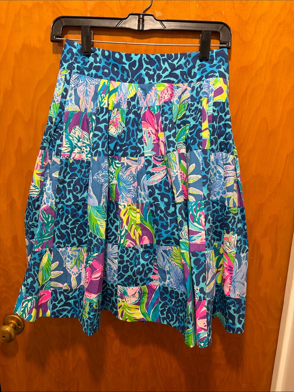 Lilly Pulitzer Teal Multi Patchwork Floral & Leopard A-Line Skirt